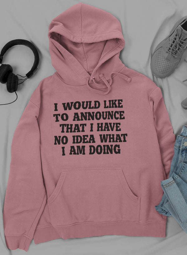 Mauve hoodie with drawstring hood and front pocket, bold text graphic