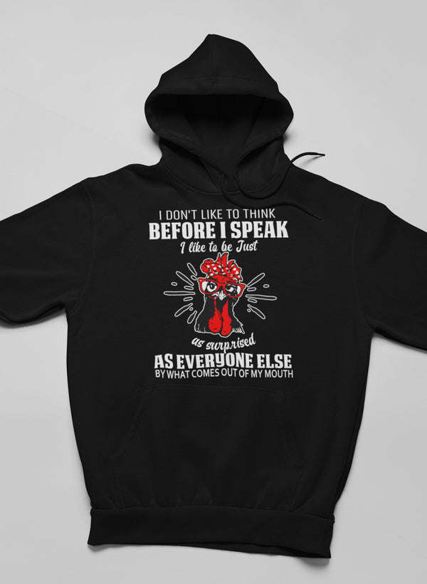 Black pullover hoodie with hood up and chest cartoon graphic text.