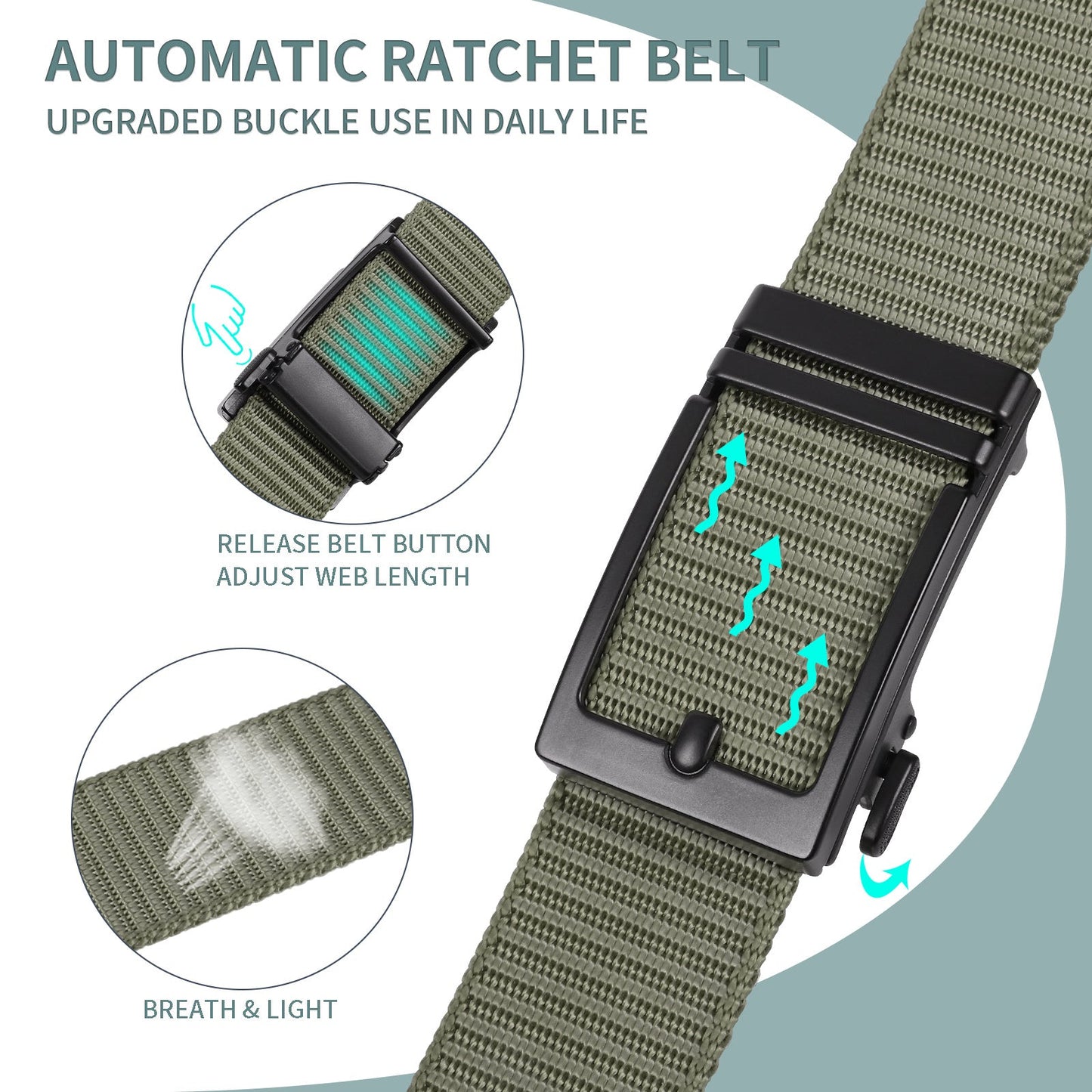 Olive green nylon web belt with black automatic ratchet buckle and release button