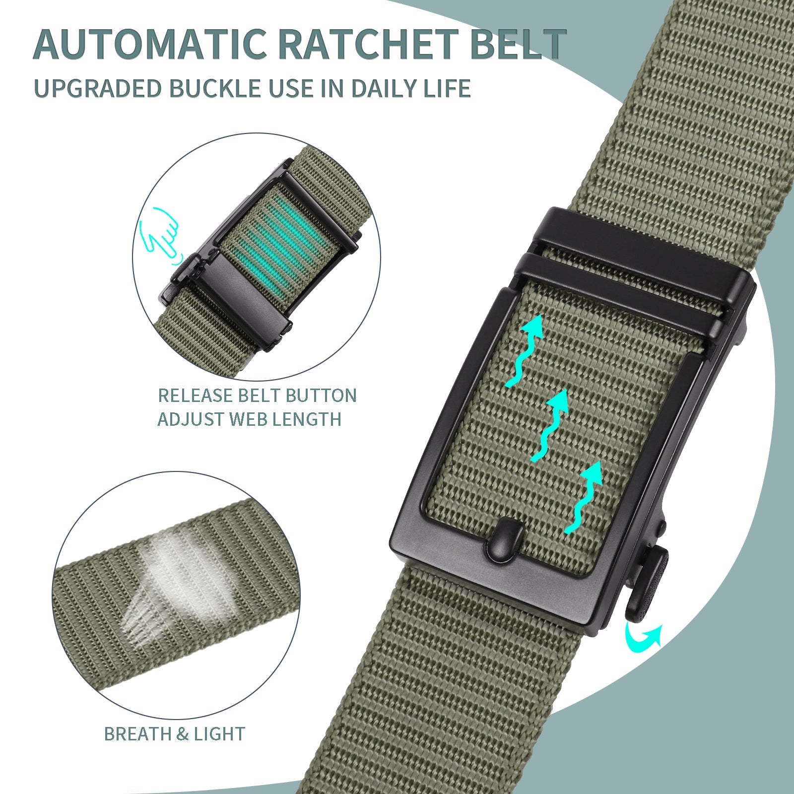 Olive green nylon web belt with black automatic ratchet buckle and release button