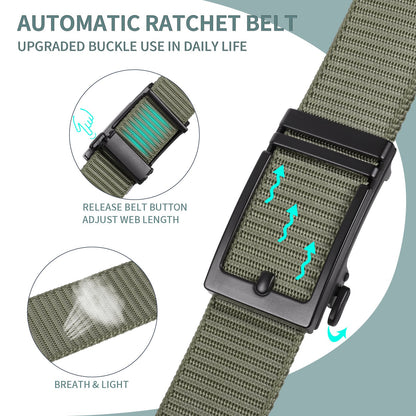 Olive green nylon web belt with black automatic ratchet buckle and release button
