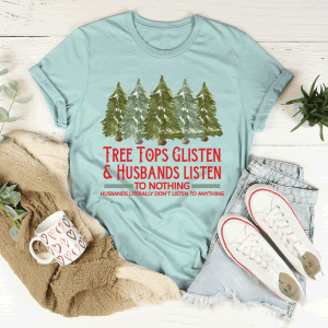Turquoise crewneck T-shirt with green tree graphic and red holiday lettering