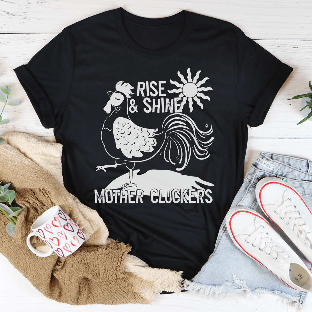 Black crewneck T-shirt with rooster graphic and 'Mother Cluckers' lettering