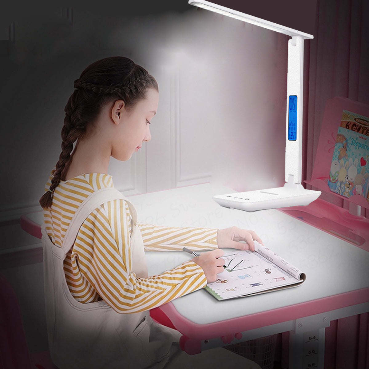 3-in-1 desk lamp with blue side display panel shining over a study desk