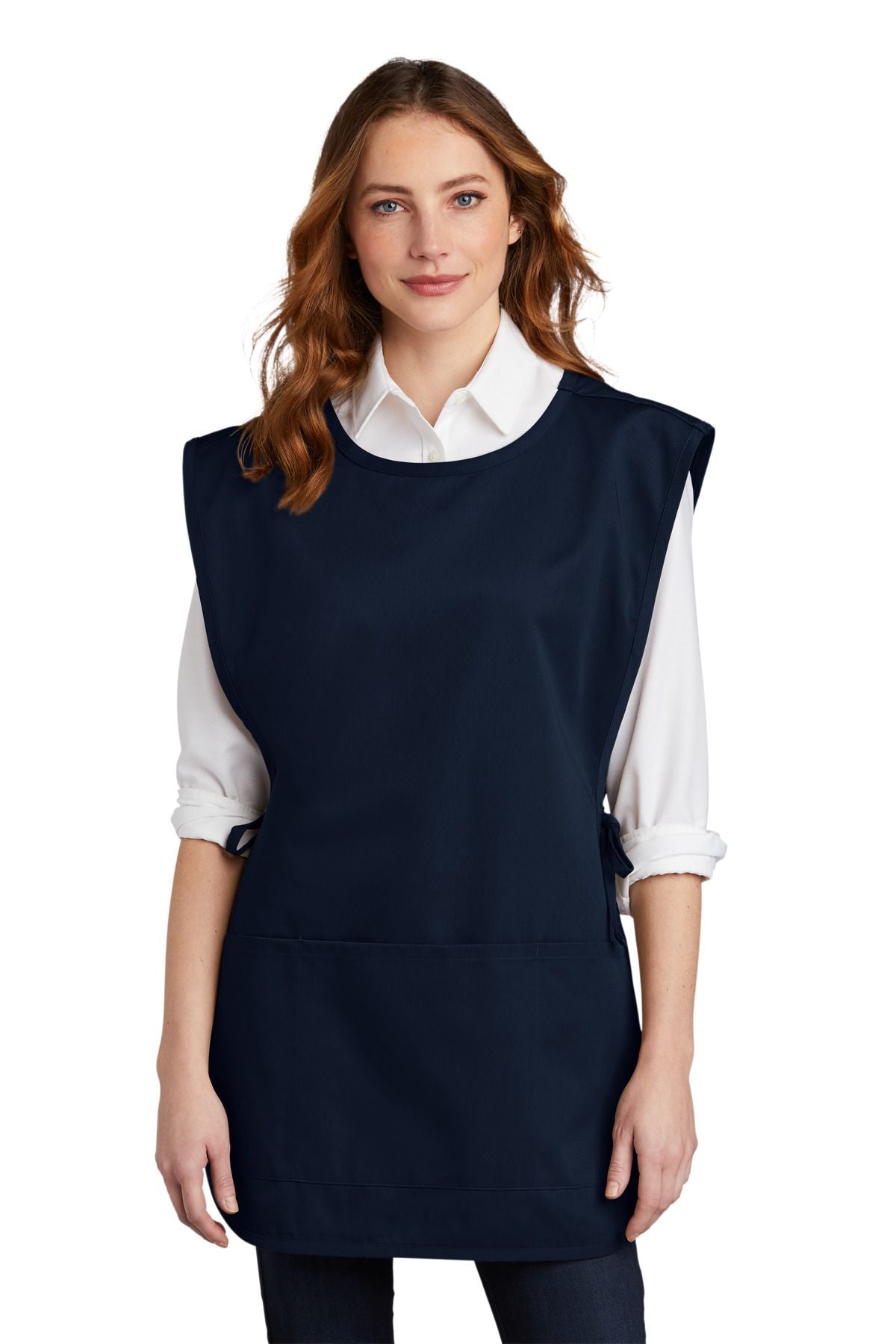 Navy cobbler apron with wide neck opening and front pocket