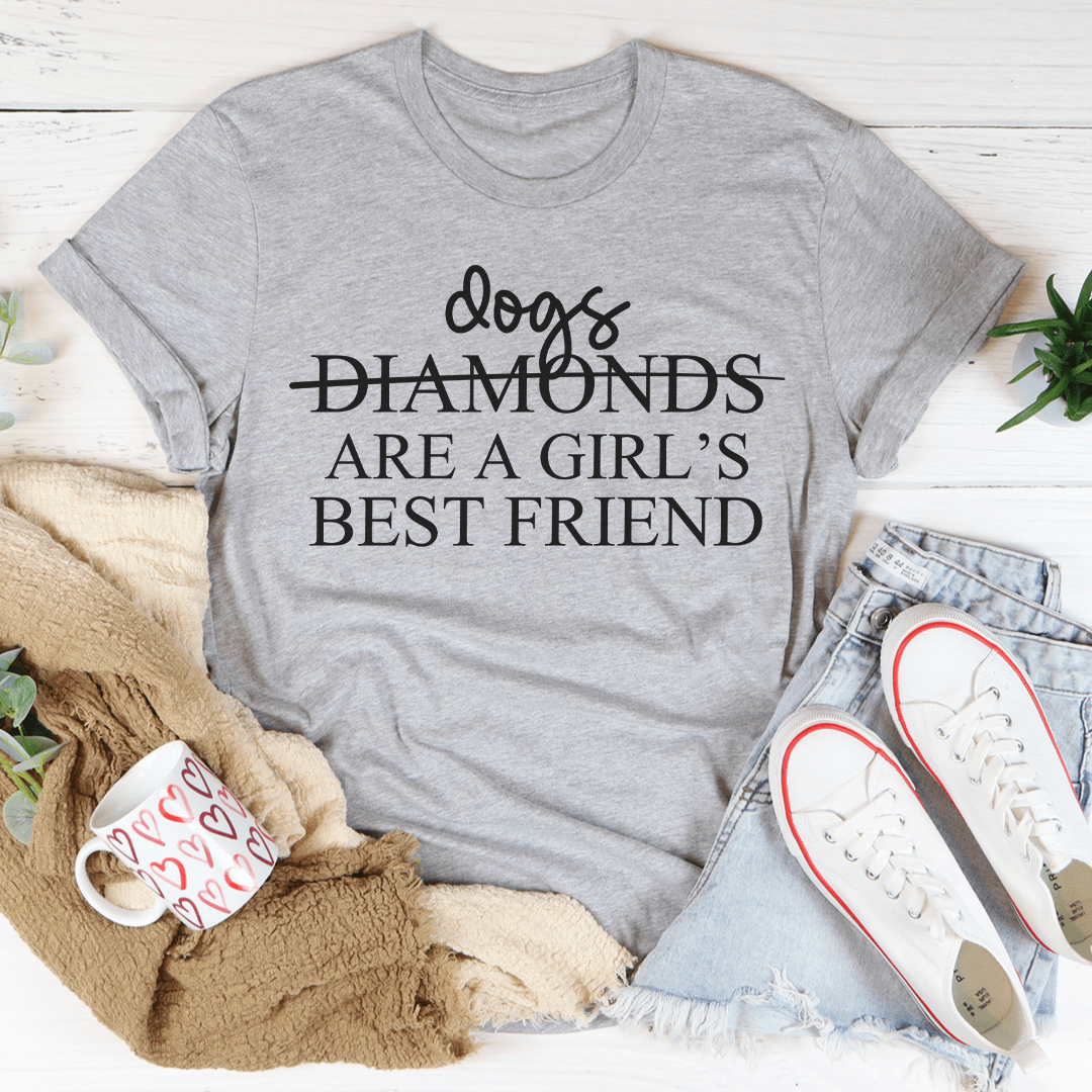 Light gray crewneck graphic T-shirt with 'Dogs Diamonds are a girl's best friend'