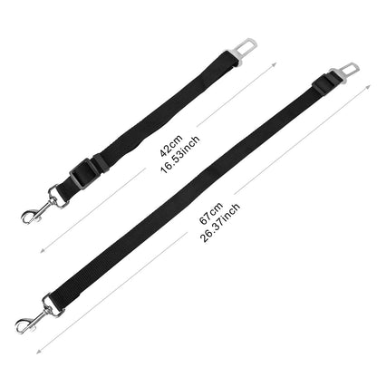 Two black adjustable pet safety leash straps with metal clips and length markings.