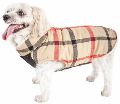 Insulated plaid dog jacket with cream fleece interior, black side panel, and red/gray/black check
