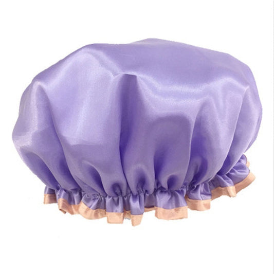 Purple satin shower cap with elastic ruffle edge
