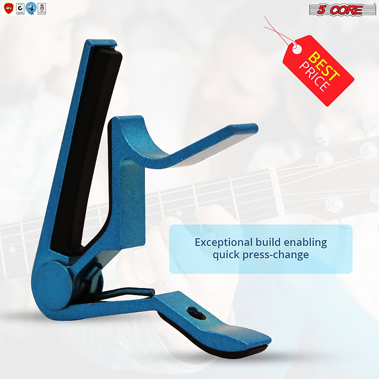 Blue guitar capo clip with black clamping bar and spring arm, angled view.