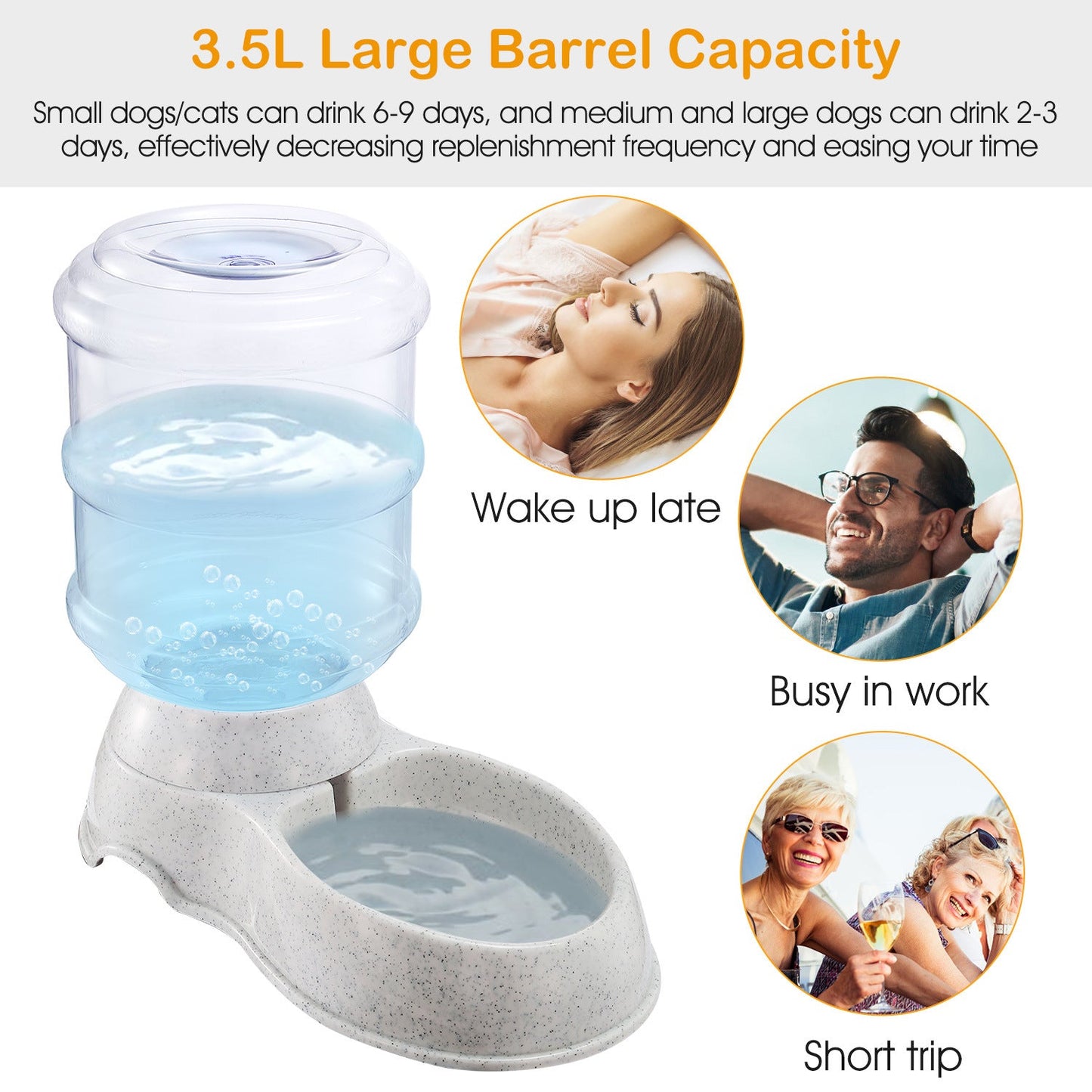 Pet water dispenser with large clear barrel filled with water and speckled gray base