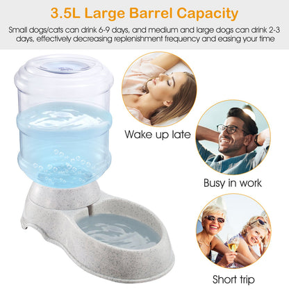 Pet water dispenser with large clear barrel filled with water and speckled gray base