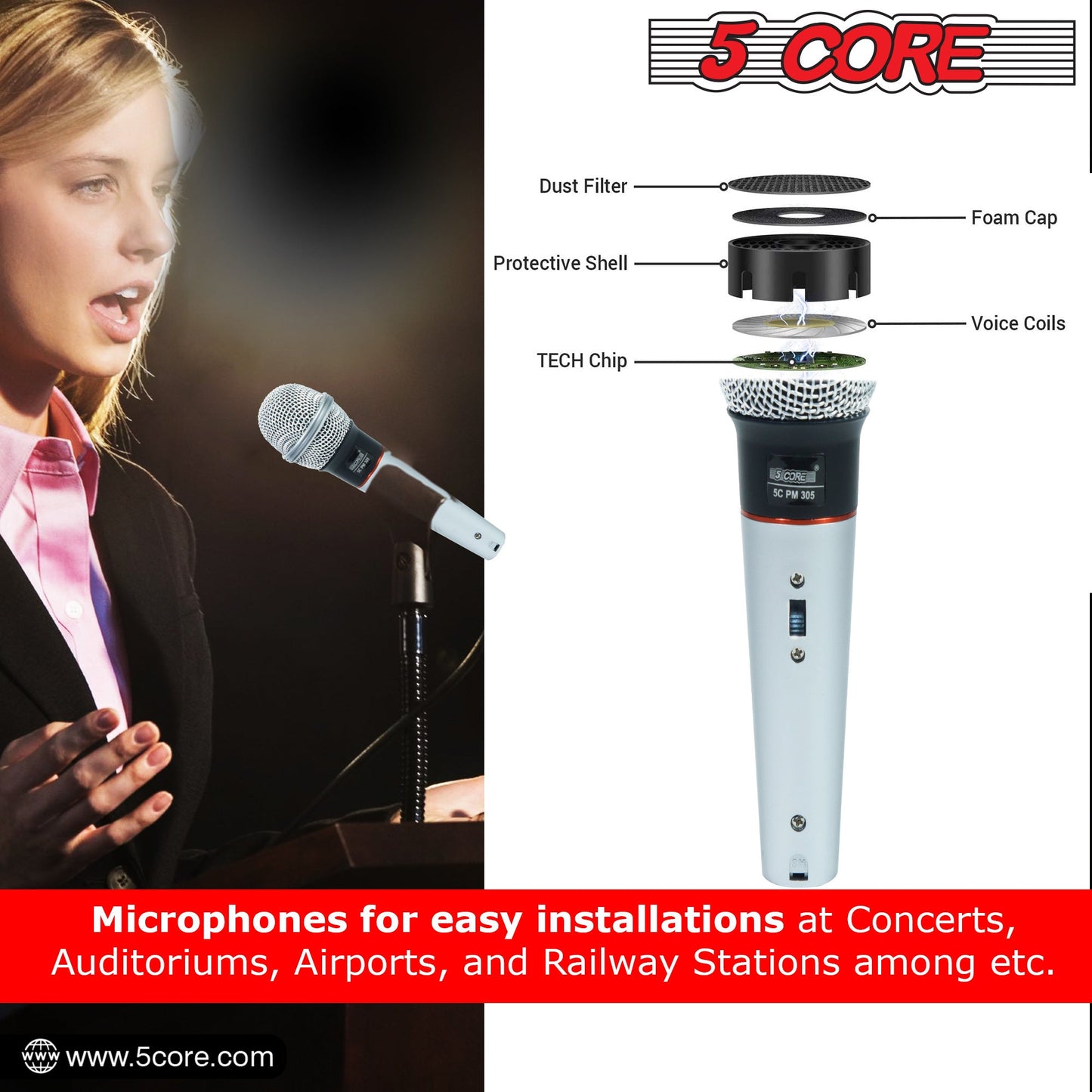 Handheld wired microphone with silver grille and light blue body, close-up side view.