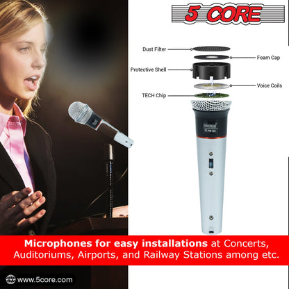 Handheld wired microphone with silver grille and light blue body, close-up side view.