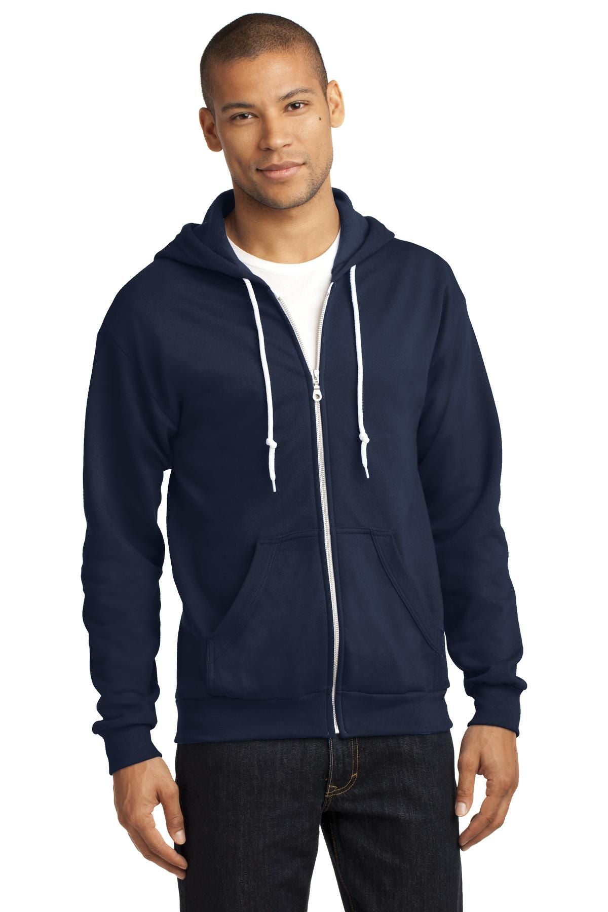 Full-zip hooded sweatshirt in navy with white drawstrings and front zipper detail.