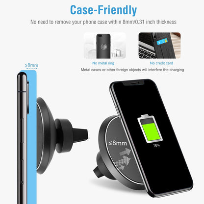 Black wireless car phone charger pad with clamp mount and phone positioned