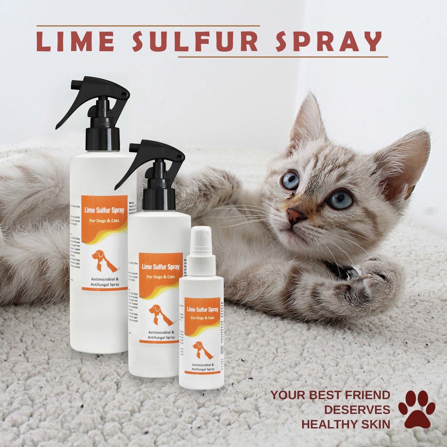 Lime sulfur spray set of three bottles with black trigger sprayers and orange labels