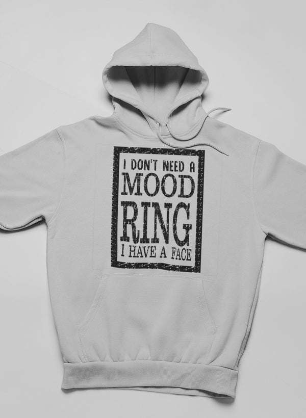 Light gray pullover hoodie with front graphic text in a black square frame