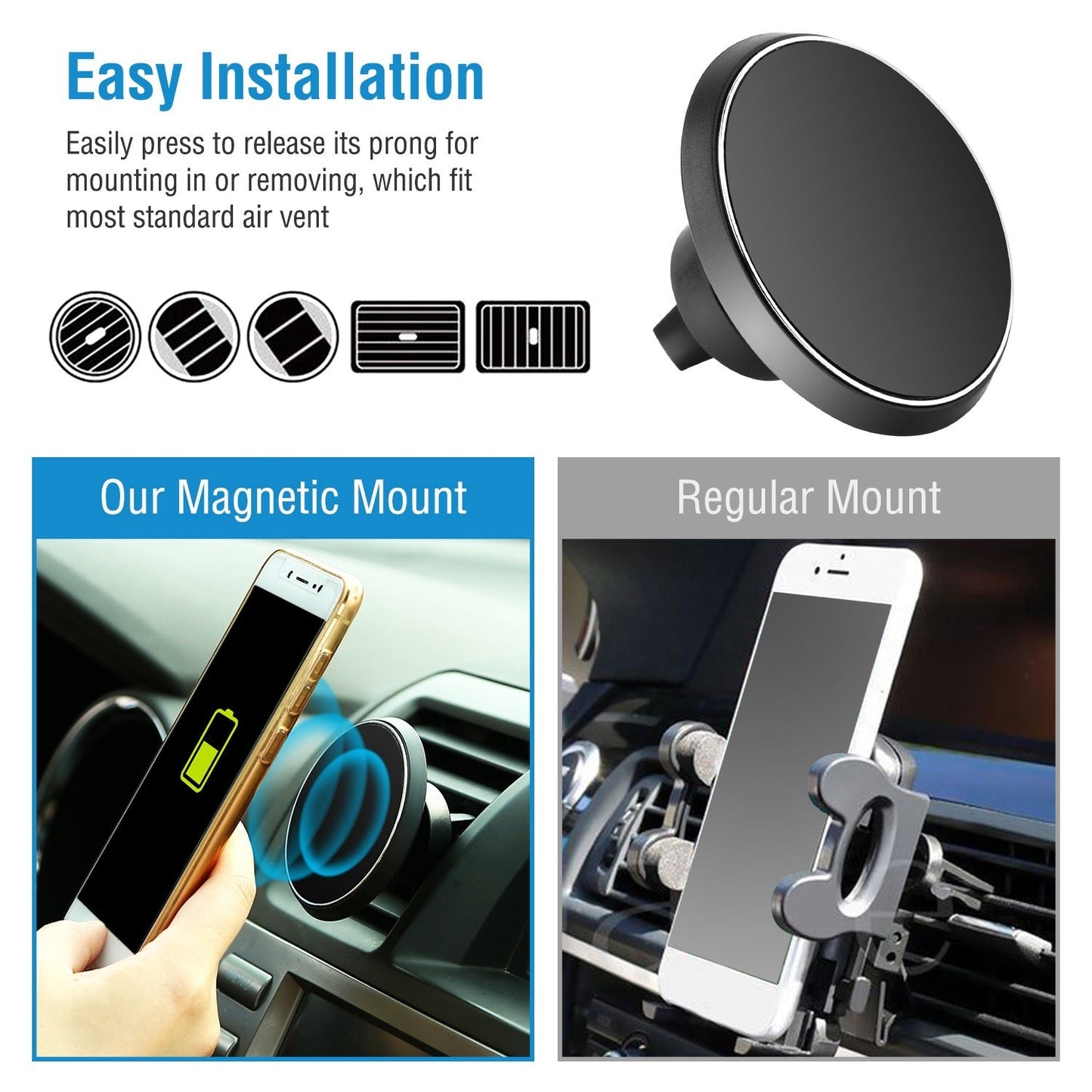 Black magnetic car charger with circular pad and vent-grip mounting clips