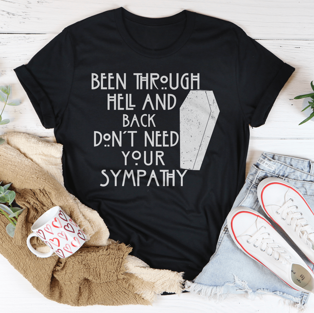 Black graphic slogan T-shirt with light coffin icon, crew neck short sleeves
