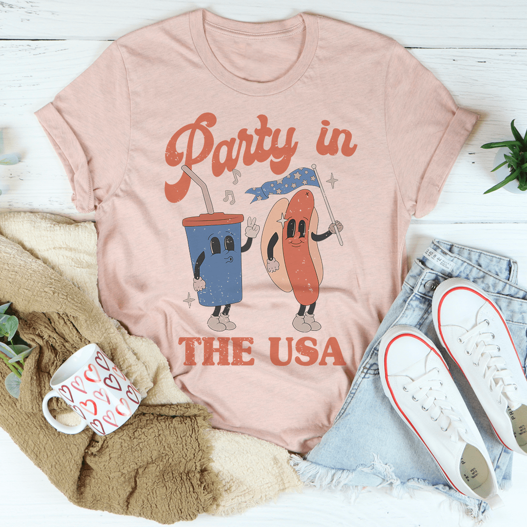 Heather prism peach Party in the USA T-shirt with hot dog character graphic and text