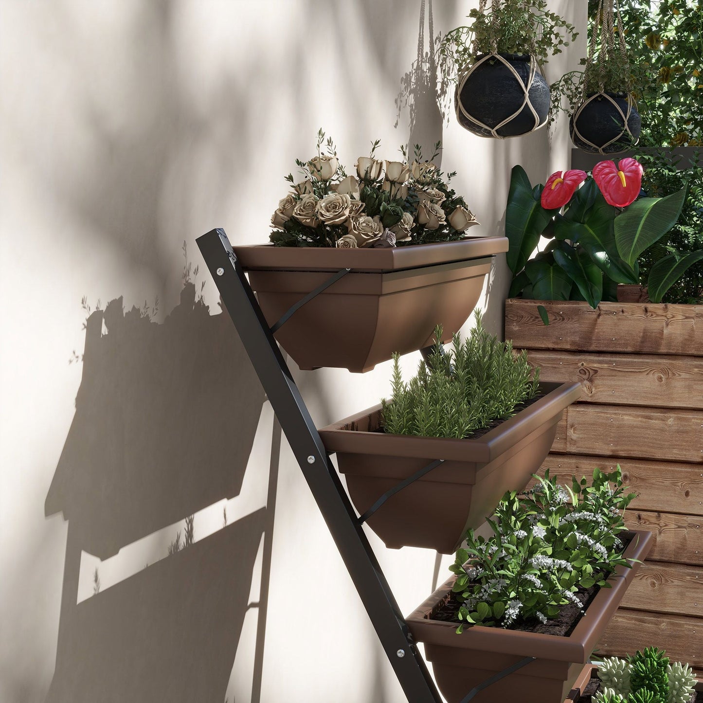 5-Tier Raised Garden Bed with 5 Planter Box, Outdoor Plant Stand Grow Containers with Leaking Holes, Brown
