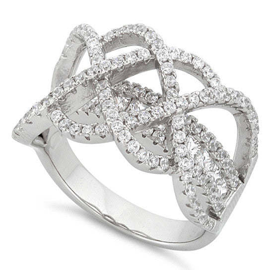 Silver-tone infinity design ring with clear CZ pavé stones across the interlocked bands