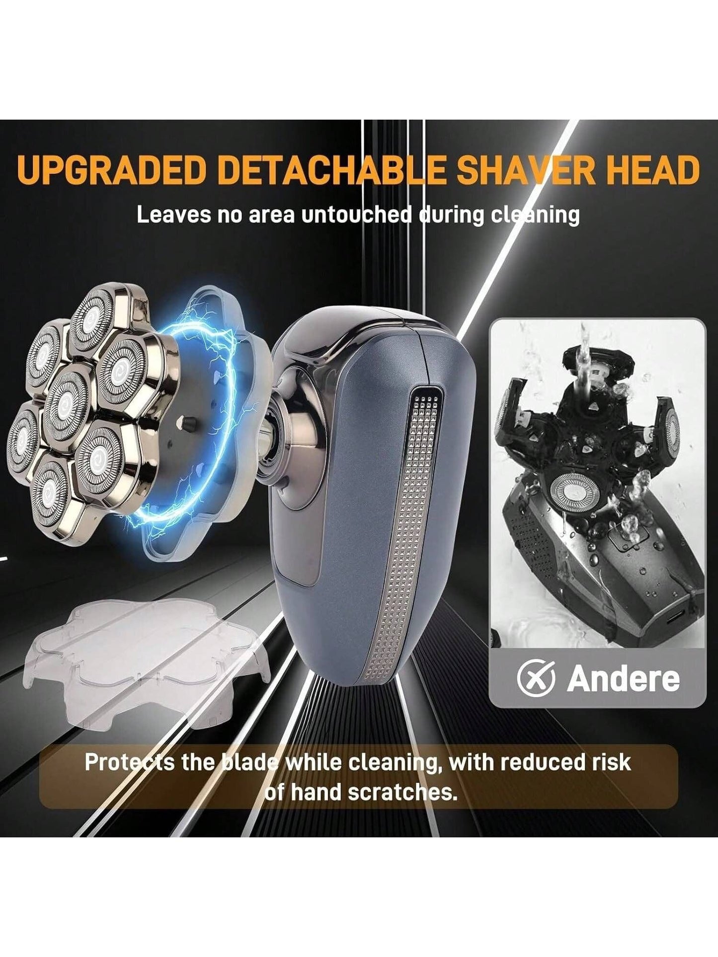 Detachable electric shaver head, five circular cutters with blue cleaning light effect