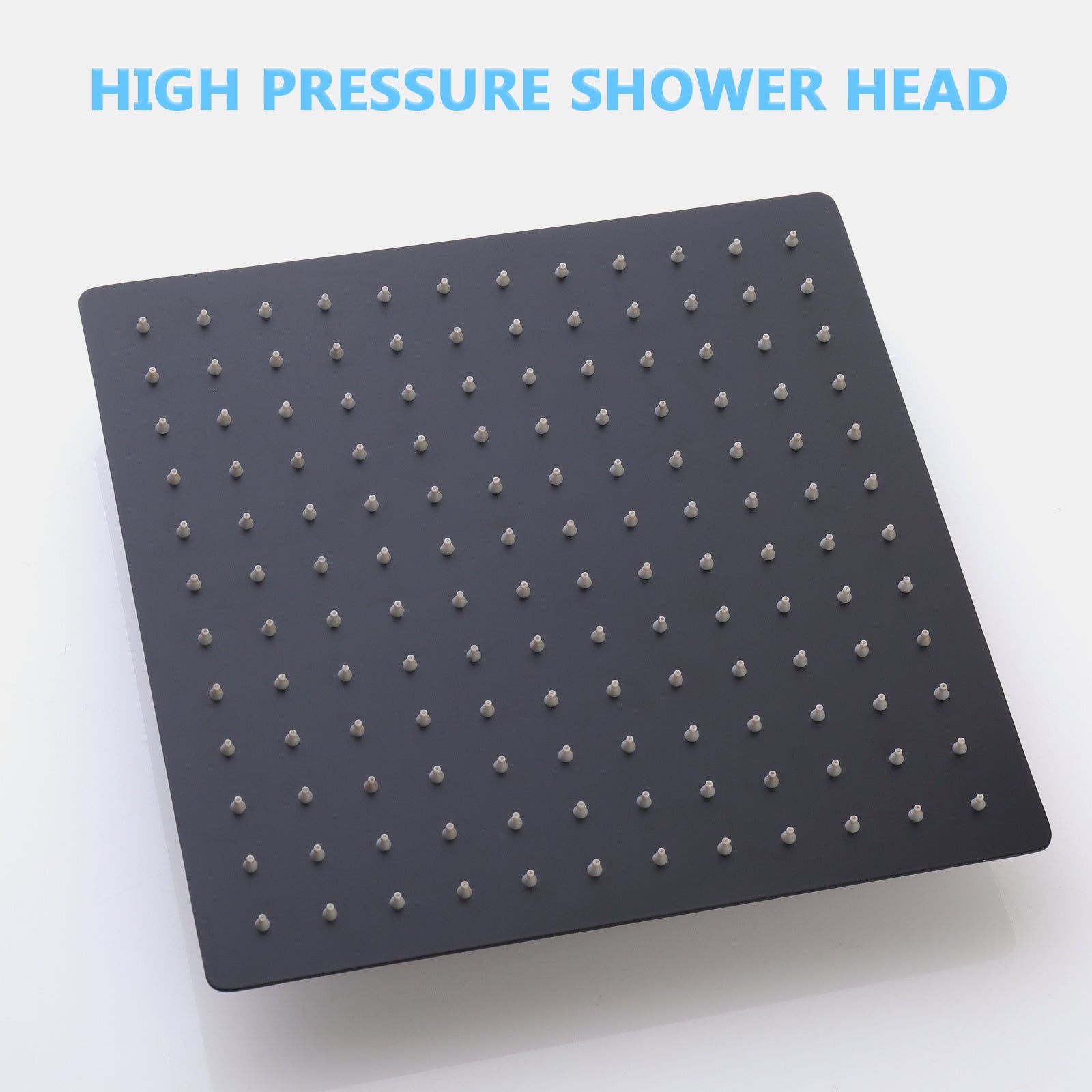 Matte black high-pressure rain shower head with many small nozzles