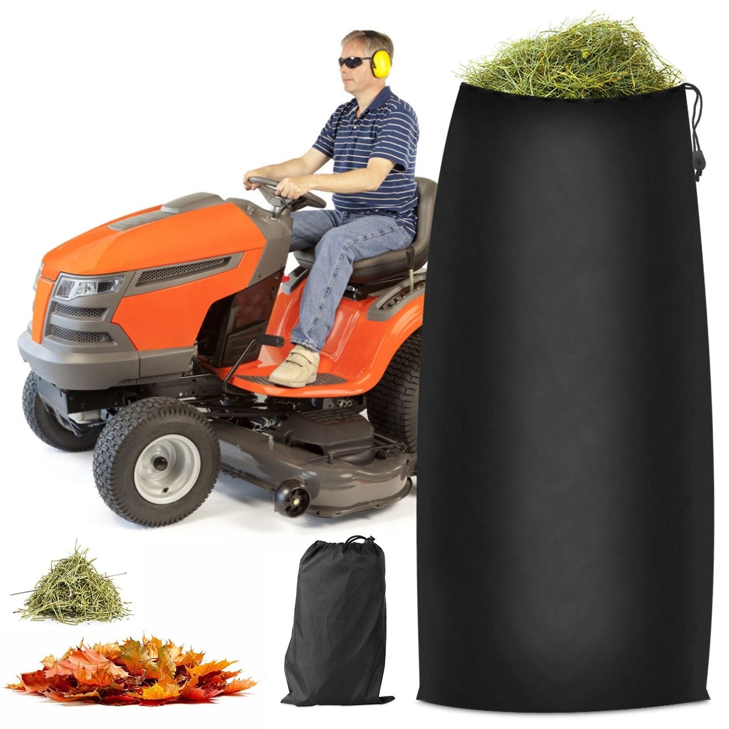 Black lawn tractor leaf collection bag with drawstring opening