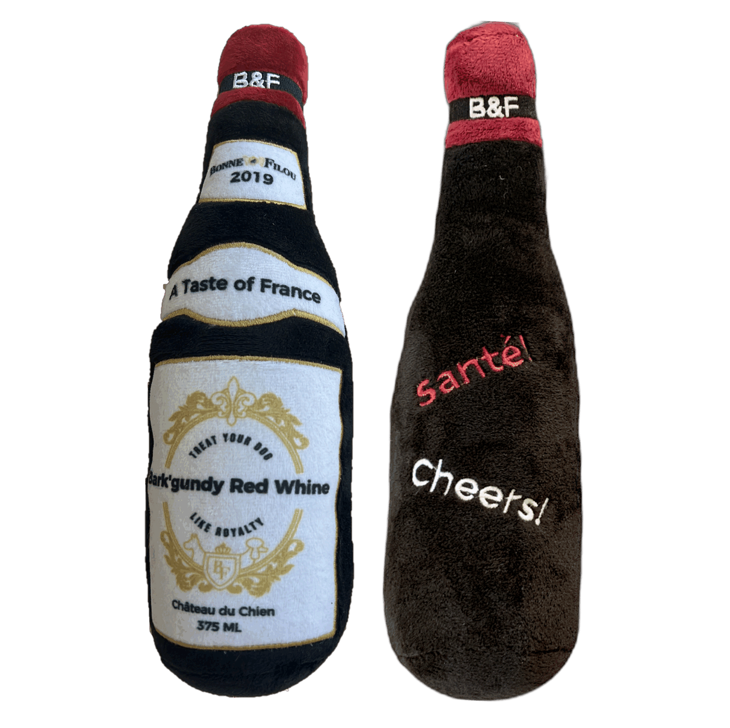 Wine bottle squeaky dog plush toy pair with red-topped bottles and printed fronts