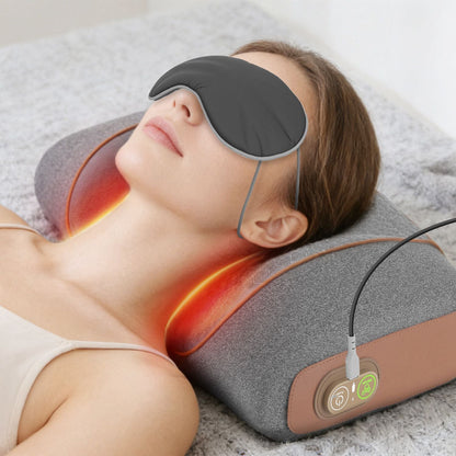 3-in-1 neck massager pillow, dark grey, close-up heating glow around neck and shoulders