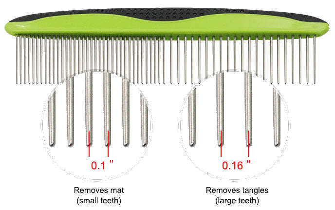 Green pet grooming comb showing wide and narrow tooth spacing for tangles