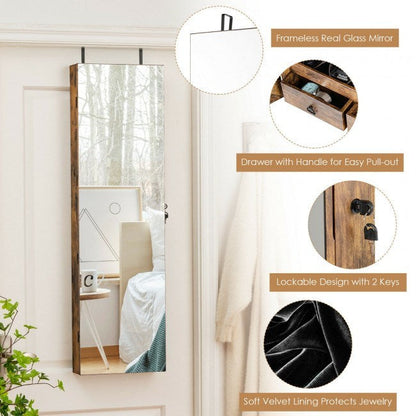 Mirrored jewelry cabinet with soft velvet lining, lockable design, and easy pull-out drawer