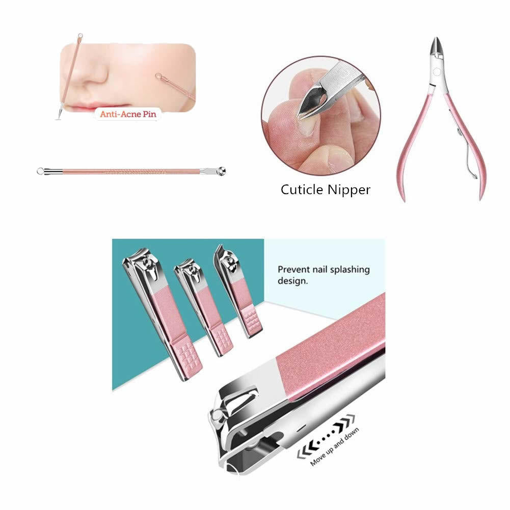 Manicure tool set with cuticle nipper, anti-acne pin, and pink nail tools