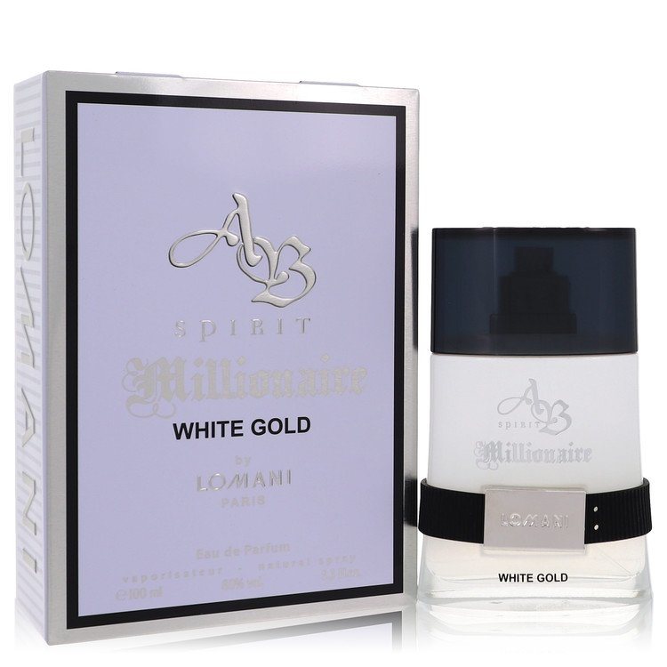 Eau de parfum bottle with white gold label and matching box