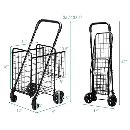 Folding Shopping Basket Rolling Trolley with Adjustable Handle