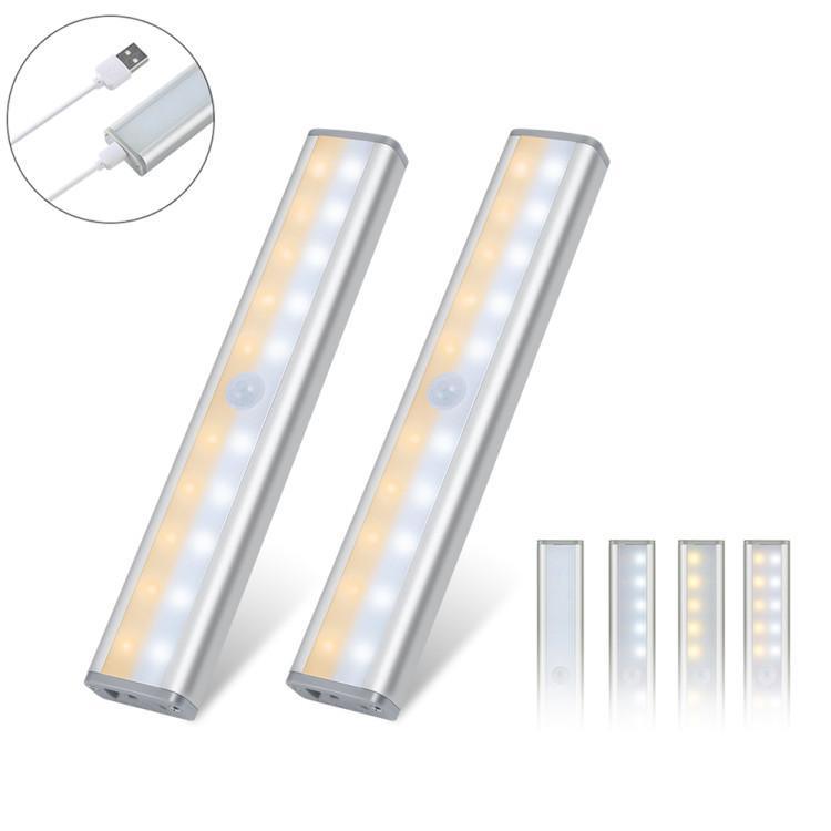 Two rechargeable motion LED light bars, white body, shown with USB cable inset