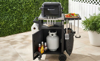 K&K 33.9" Outdoor Grill Cart with Drop Leaf, Outdoor Metal Bar Cart Pizza Oven Table with Wheels, Stainless Steel Top, Outdoor Kitchen Island with Storage Cabinet & Spice & Paper Rack for BBQ, Waterpr
