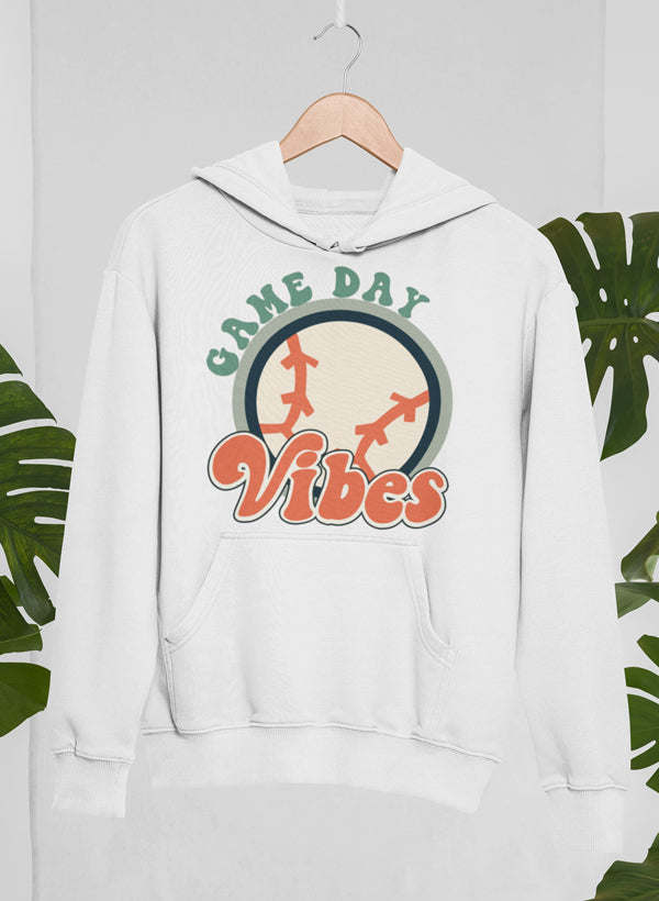 Pullover hoodie in white with sports logo graphic on chest, front pocket opening
