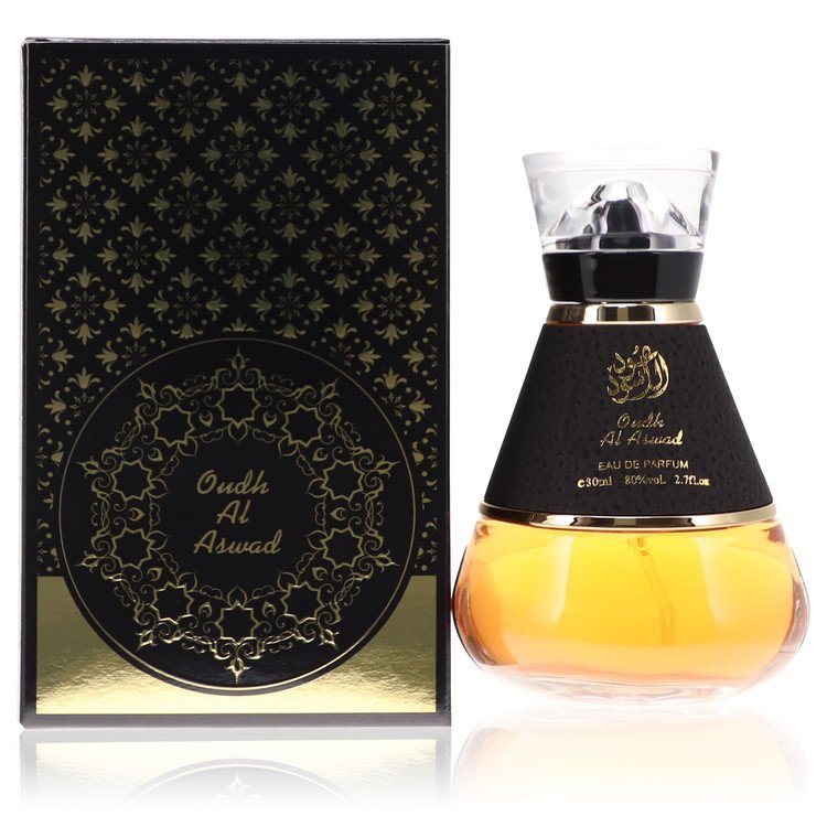 Oudh Al Aswad eau de parfum spray bottle with gold accents, 2.7 oz, in gift box