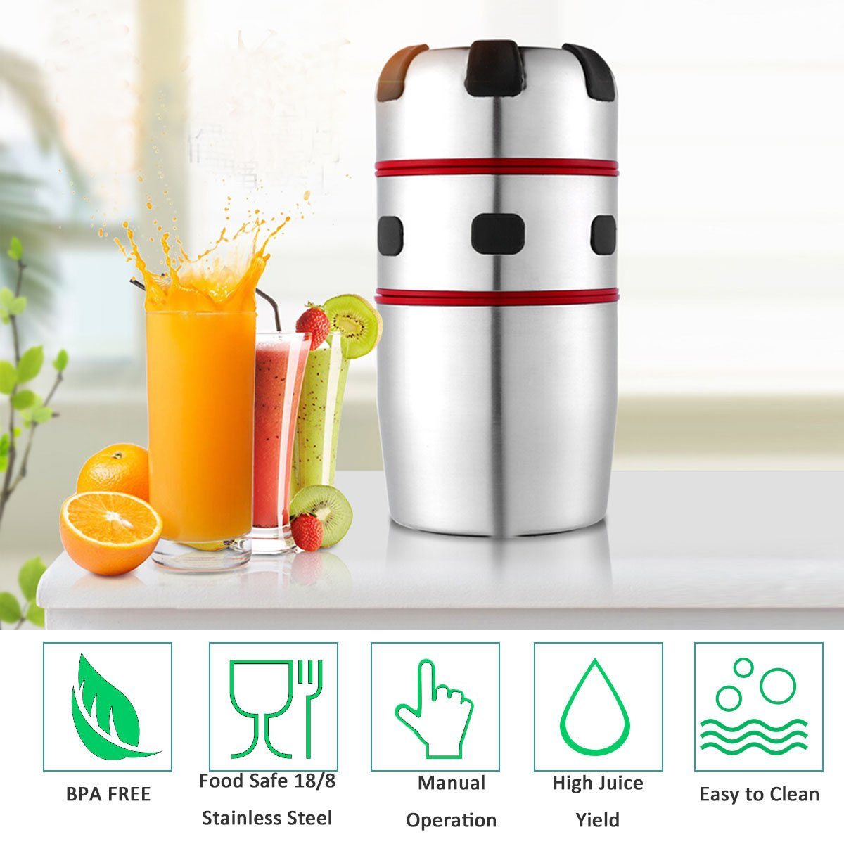 Stainless manual citrus juicer with red lid band, next to glasses of citrus juice.