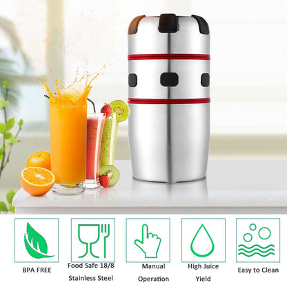 Stainless manual citrus juicer with red lid band, next to glasses of citrus juice.