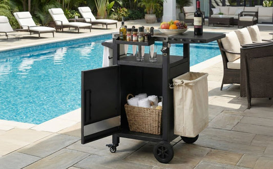 K&K 33.9" Outdoor Grill Cart with Drop Leaf, Outdoor Metal Bar Cart Pizza Oven Table with Wheels, Stainless Steel Top, Outdoor Kitchen Island with Storage Cabinet & Spice & Paper Rack for BBQ, Waterpr
