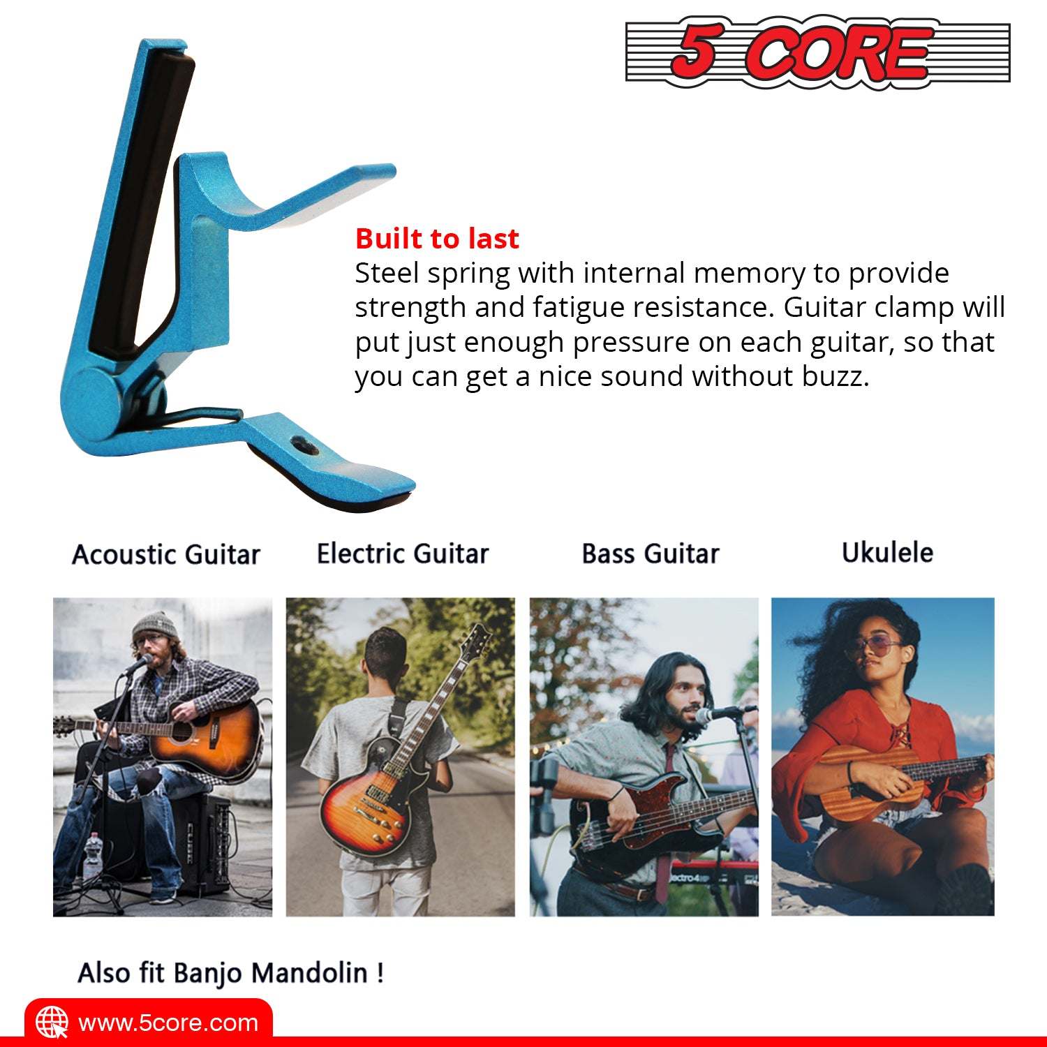 Blue guitar capo with spring clamp and angled fret-gripping foot