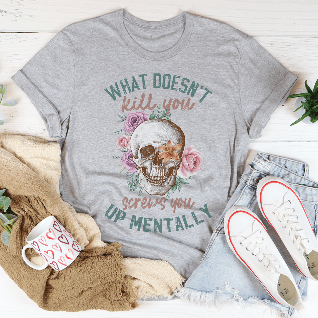 Heather gray T-shirt featuring skull and floral quote graphic in green