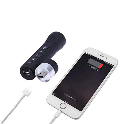 Black Bluetooth speaker cylinder with USB ports and charging cable