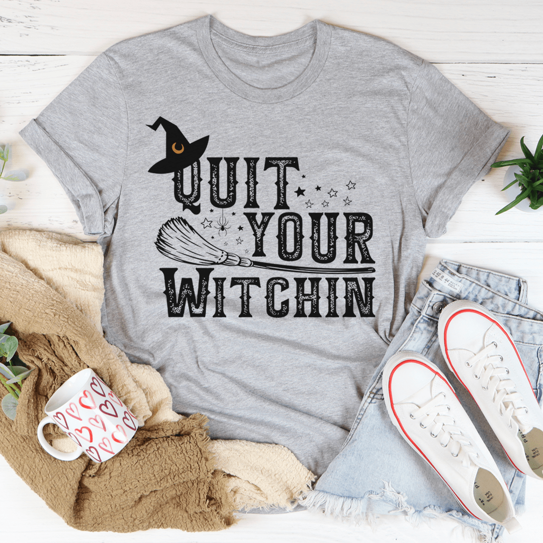 Heather gray crewneck T-shirt with black witch hat graphic and bold text print