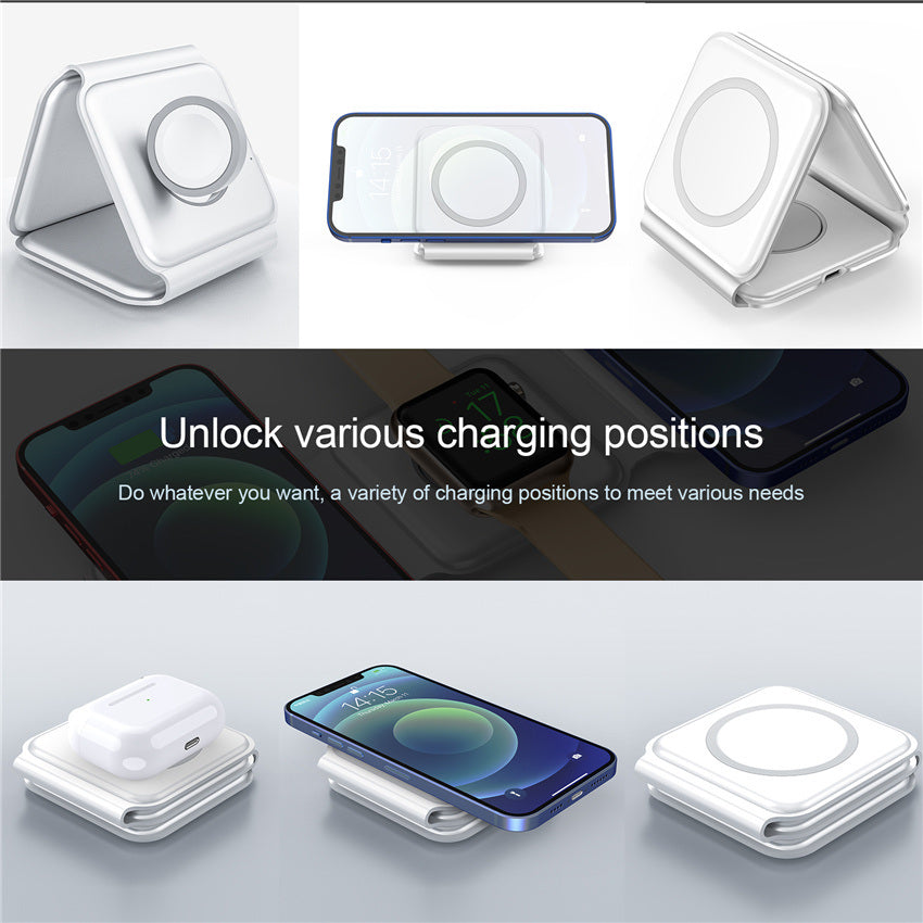 White foldable 3-in-1 wireless charging station shown in multiple charging positions