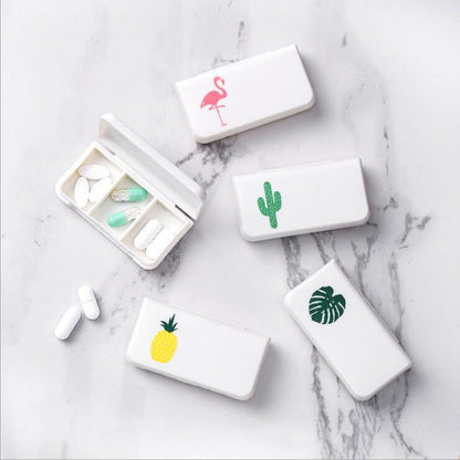 White 3-compartment pill organizer cases with themed icons on lids, compartments open